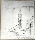 Dessin représentant la peine du « pilier » (l’une des peines les plus cruelles appliquées à Dachau) infligée à un prisonnier du camp de concentration de Dachau, le père Władysław Sarnik. (Collection privée de Maria Sarnik-Konieczna)