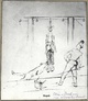 Dessin représentant la peine du « pilier » (l’une des peines les plus cruelles appliquées à Dachau) infligée à un prisonnier du camp de concentration de Dachau, le père Władysław Sarnik. (Collection privée de Maria Sarnik-Konieczna)